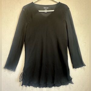 Simply Silk 100% Silk Black Whimsigoth Long-Sleeve V-Neck Ruffle-Hem Top Sz XL